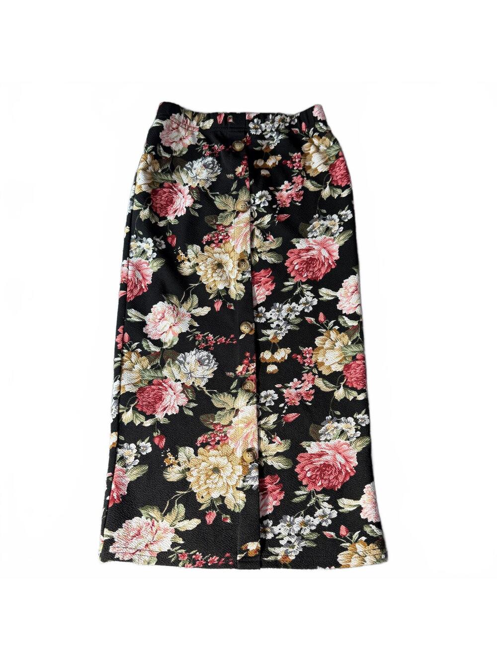 Shein Kids Girls Black Floral Button Front Midi Skirt Elastic Waist Size 10